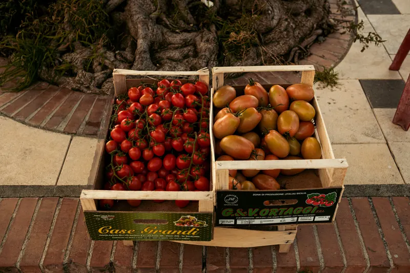 Cajas de madera con tomates y fruta recién colocada