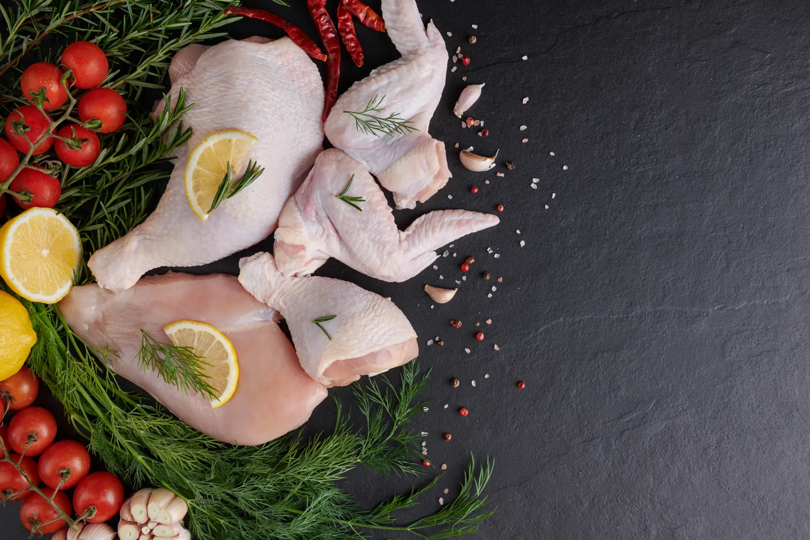 Pollo fresco con limón, eneldo y tomates sobre una pizarra negra